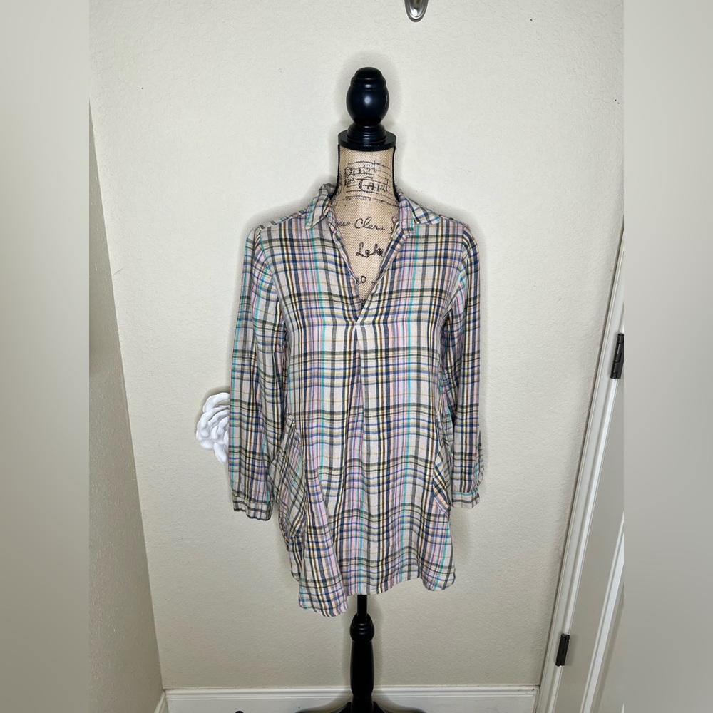 NTM: Anthro Uncle Frank Plaid Linen Tunic S Lightweight Relaxed High Low Pocket